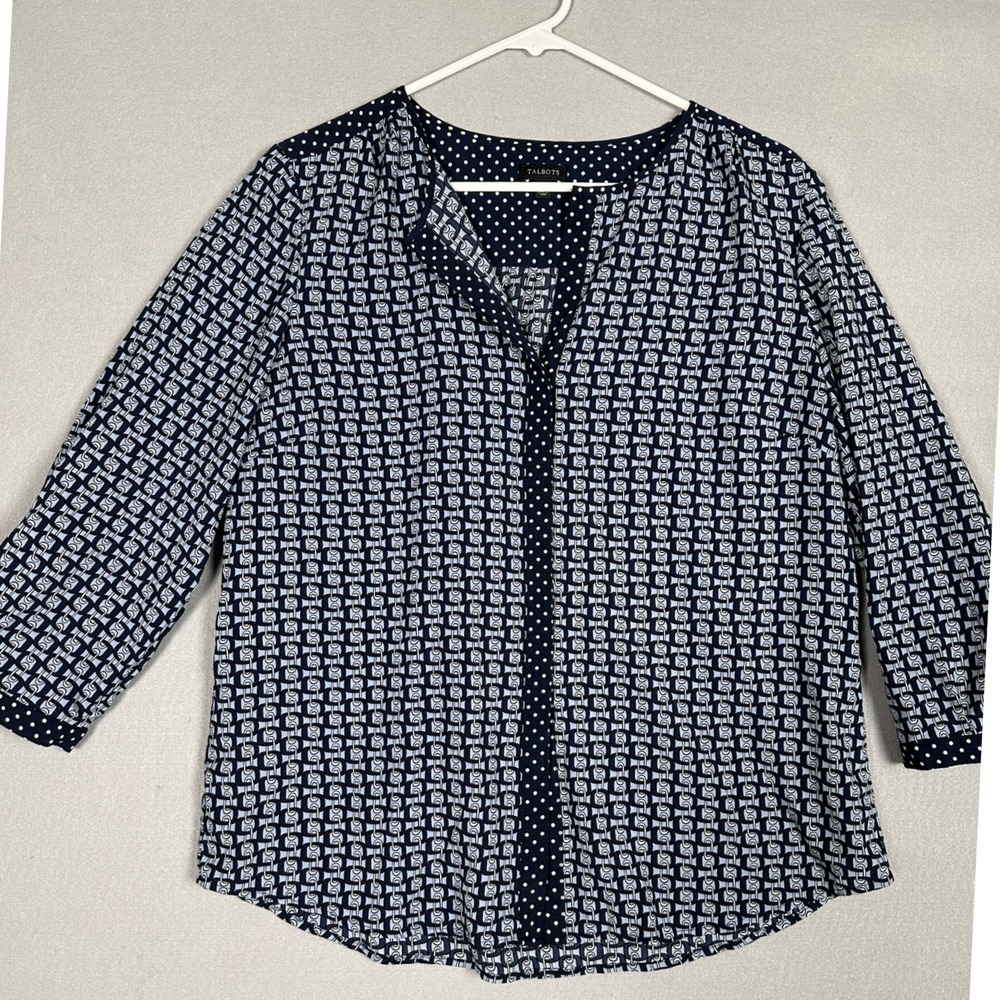 Talbots Blouse Womens Large Navy Blue Chain Link Polka Dot 3 Quarter Sleeve EUC